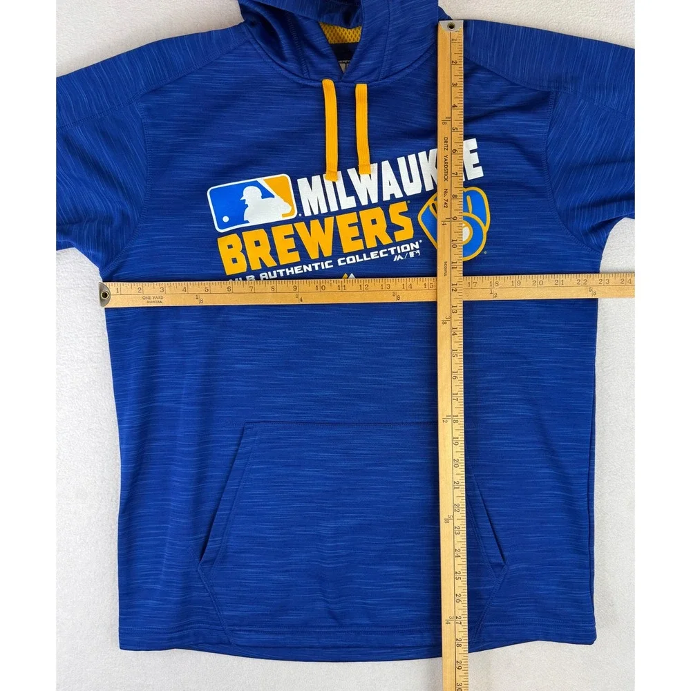Majestic Hoodie Men Medium Blue Milwaukee Brewers MLB Therma Base Pullover A328